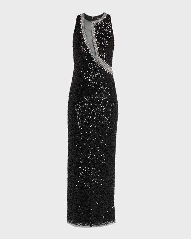Bead-Trim Sequin Column Gown